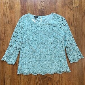 Talbots Light Blue Turquoise Floral Lace Overlay Blouse Sz 6P